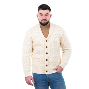 Mens Cable Shawl-Collar Cardigan MM904 Natural White SOAL Knitwear Front View