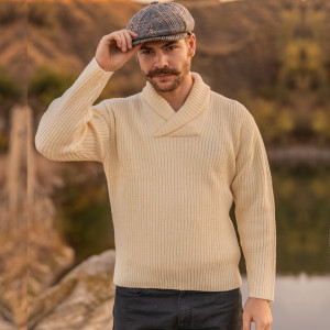Men's Shawl Collar Fisherman Sweater MM224 Natural White SOAL Knitwear Front View