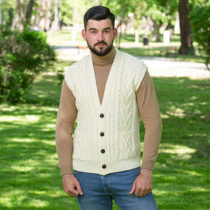 Mens Aran Sleeveless Cardigan MM207 Natural White SAOL Knitwear Front View