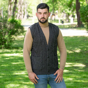 Mens Aran Sleeveless Cardigan MM207 Charcoal SAOL Knitwear Front View