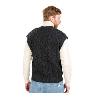 Mens Aran Sleeveless Cardigan MM207 Charcoal SAOL Knitwear Reverse View