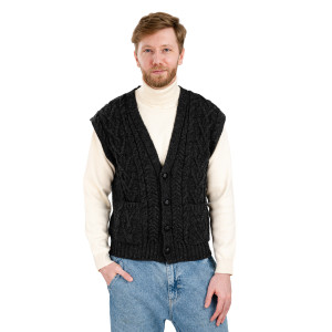 Mens Aran Sleeveless Cardigan MM207 Charcoal SAOL Knitwear Front View