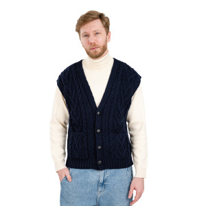 Mens Aran Sleeveless Cardigan MM207 Navy Blue SAOL Knitwear Front View