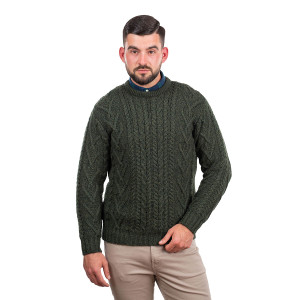 Mens Traditional Aran Crew Neck Sweater MM202 Army Green SAOL Knitwear Front View