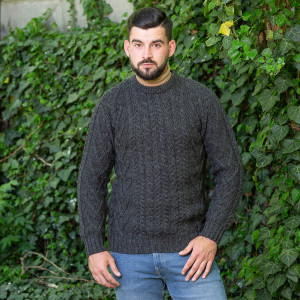 Mens Traditional Aran Crew Neck Sweater MM202 Charcoal SAOL Knitwear Front View