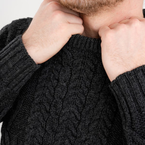 Mens Traditional Aran Crew Neck Sweater MM202 Charcoal SAOL Knitwear Details View