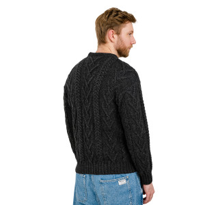 Mens Traditional Aran Crew Neck Sweater MM202 Charcoal SAOL Knitwear Reverse View