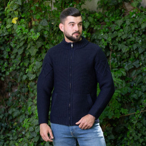 Full Zip Mens Cable Knit Cardigan MM223 Navy Blue SAOL Knitwear Front View