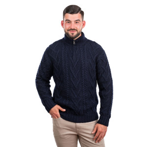 Mens Zip Neck Fisherman Sweater MM204 Navy Blue SAOL Knitwear Front View