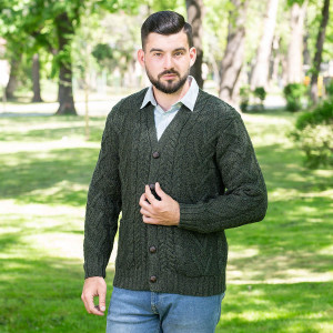 Mens V Neck Cable Cardigan MM201 Army Green SAOL Knitwear Front View