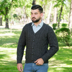 Mens V Neck Cable Cardigan MM201 Charcoal SAOL Knitwear Front View