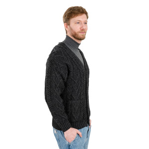 Mens V Neck Cable Cardigan MM201 Charcoal SAOL Knitwear Side View