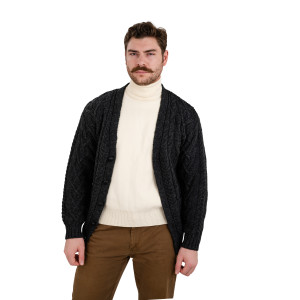 Mens V Neck Cable Cardigan MM201 Charcoal SAOL Knitwear Front View
