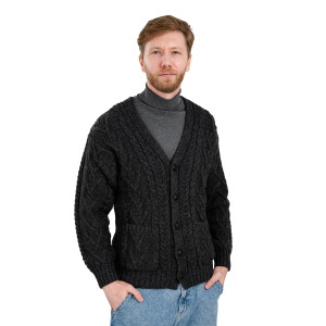 Mens V Neck Cable Cardigan MM201 Charcoal SAOL Knitwear Front View