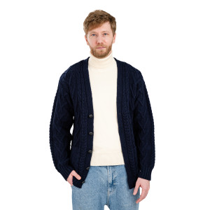 Mens V Neck Cable Cardigan MM201 Navy Blue SAOL Knitwear Front View