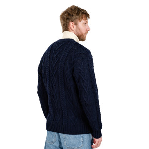 Mens V Neck Cable Cardigan MM201 Navy Blue SAOL Knitwear Reverse View