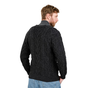 Mens V Neck Cable Cardigan MM201 Charcoal SAOL Knitwear Reverse View