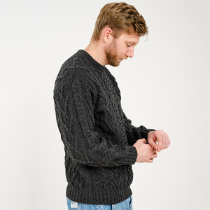 Mens Merino Aran Sweater MM208 Charcoal SAOL Knitwear Side View