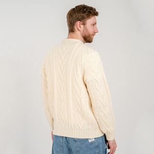 Mens Merino Aran Sweater MM208 Natural White SAOL Knitwear Reverse View