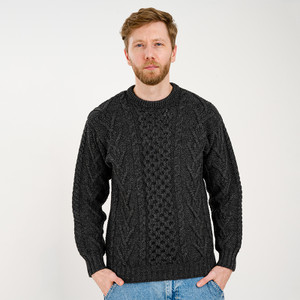 Mens Merino Aran Sweater MM208 Charcoal SAOL Knitwear Front View