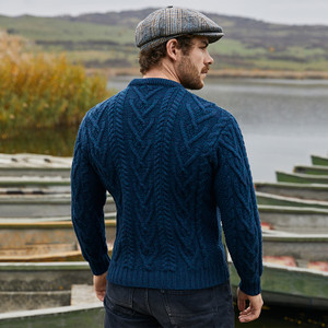 Mens Merino Aran Sweater MM208 Ocean Blue SAOL Knitwear Reverse View