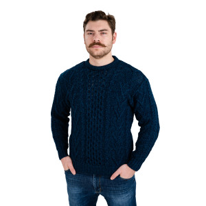 Mens Merino Aran Sweater MM208 Ocean Blue SAOL Knitwear Front View