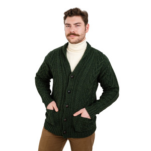 Mens Aran Cable Shawl-Collar Cardigan MM200 Army Green SAOL Knitwear Front View