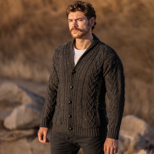 Mens Aran Cable Shawl-Collar Cardigan MM200 Charcoal SAOL Knitwear Side View