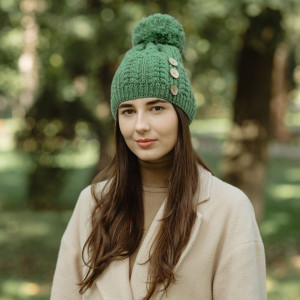Ladies Button Pom-Pom Hat ML302 Green SAOL Knitwear Front View