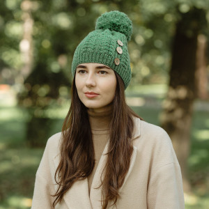 Ladies Button Pom-Pom Hat ML302 Green SAOL Knitwear Front View