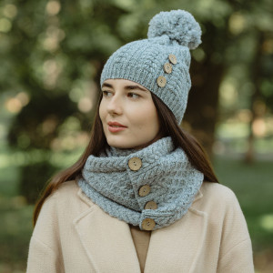 Ladies Coconut Buttons Snood Scarf ML303 Grey SAOL Knitwear Front View