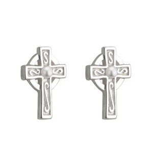 Communion Cross Pearl Stud Earrings Rhodium Plated