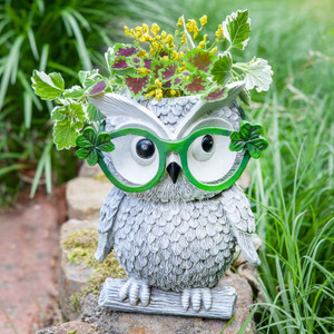 Owl Shamrock Glasses Resin Planter 10"