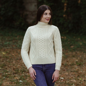 ML150 Cable Knit Turtle Neck Sweater White Side SAOL Knitwear