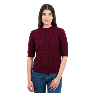 ML151-108 Short Sleeve Cable Sweater Wine Color SAOL Knitwear