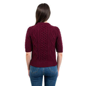 ML151-108 Short Sleeve Cable Sweater Wine Color Studio Back View SAOL Knitwear
