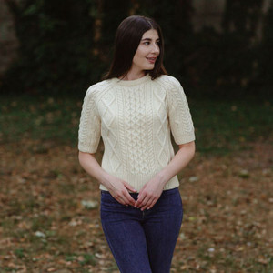 ML151-100 Short Sleeve Cable Sweater Natural SAOL Knitwear