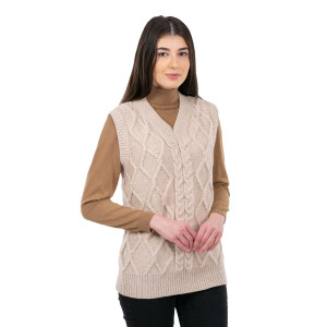 ML153-109 Oversized Aran Cable Vest for Ladies in Parsnip Color SAOL