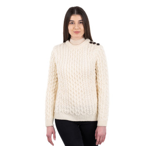 ML157- 100 Ladies Side Button Sweater White Back SAOL Knitwear