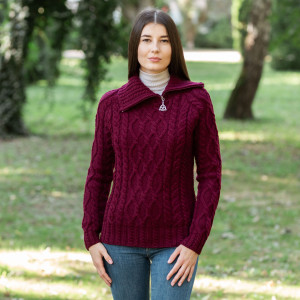 ML160-109 Ladies Zipper Neck Sweater Wine SAOL Knitwear