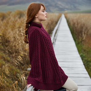 Ladies Cable Knit Poncho ML165-108 Wine Saol Side view
