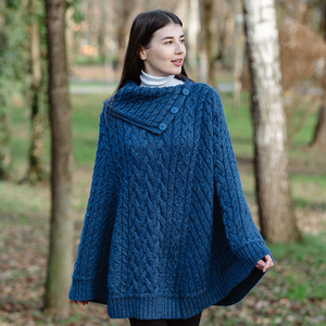 Cowl Neck Button Poncho ML169 - 106 Marl Blue Knitwear
