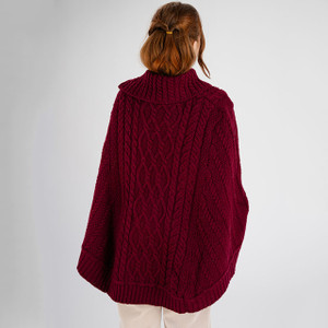 ML161-108 Aran Cable Knit Cowl Neck Poncho Wine Red
