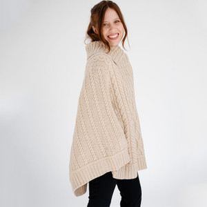 ML161-109 Aran Cable Knit Cowl Neck Poncho Parsnip 100% Wool