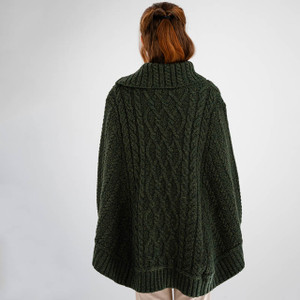 ML161-102 Aran Cable Knit Cowl Neck Poncho Army Green