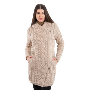 Cable Knit Aran Coat ML144 Parsnip Front View Cable Knit Aran Coat ML144 Parsnip Front View