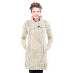 AWL108-300 Ladie's Buttons Collar Coat Natural Front View