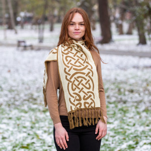 Traditional Celtic Knotwork Scarf LS107 Fawn Brown Front View Saol Knitwear.com