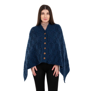 Merino Wool Ladie's Poncho with buttons ML184 - 110 Ocean blue saolknitwear.com