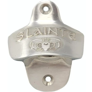 Slainte Claddagh Brass Wall Bottle Opener in Satin Nickel on DublinGiftCompany in Bottle Openers